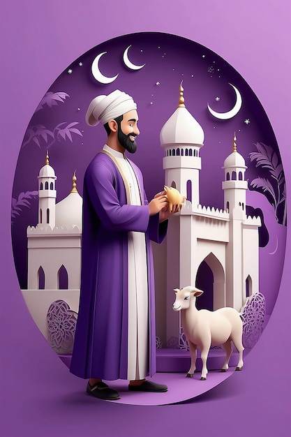 염소 를 들고 있는 무슬림 남자 와 함께 이달 아다 무바라크 개념