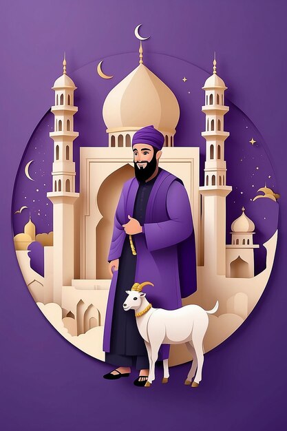 EidalAdha Mubarak Concept with Muslim Man Holding a Goat