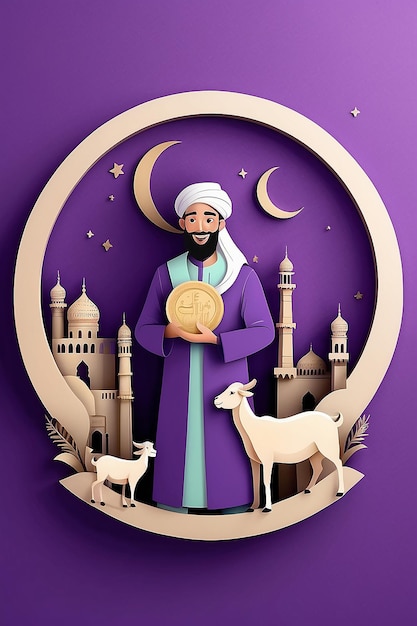 Концепция EidalAdha Mubarak с мусульманским мужчиной, держащим козу
