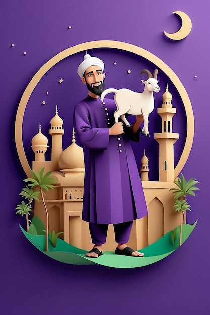 EidalAdha Mubarak Concept with Muslim Man Holding a Goat