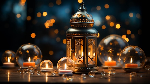 EidalAdha 별과 초승달 양 Kaaba 및 오일 램프