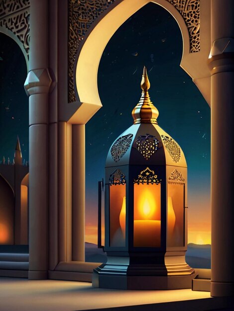 Постерный шаблон с фонарем, мечетью, окном на заднем плане.