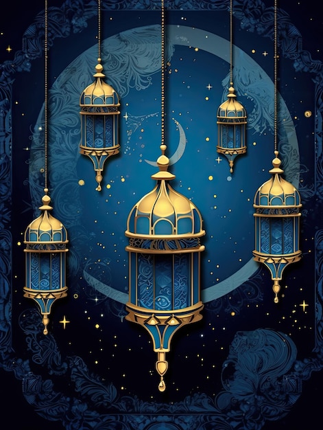 Eidul adha-wenskaart met grote blauwe maansikkel