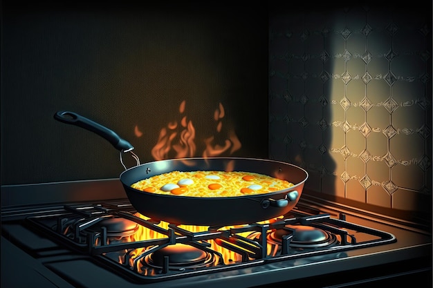 Foto eieren bakken in een pan gemakkelijk en smakelijk ontbijt koken in de keuken generatieve ai