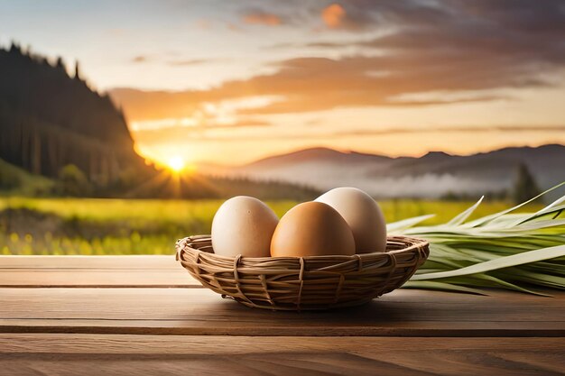 Eieren in een mand op een houten tafel met een zonsondergang op de achtergrond