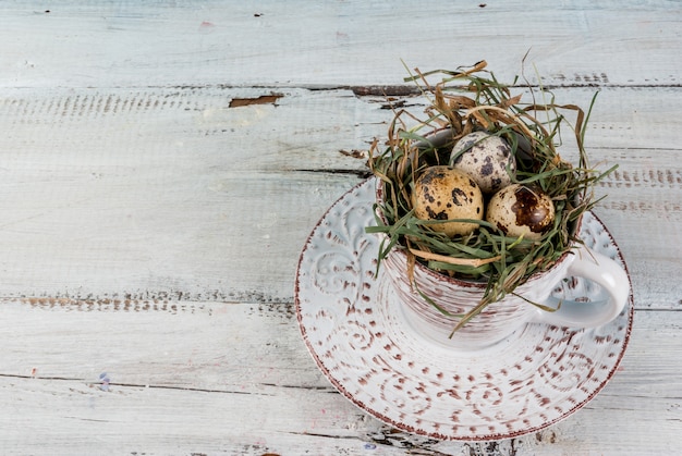 Eieren in een nest in een oude koffiekop