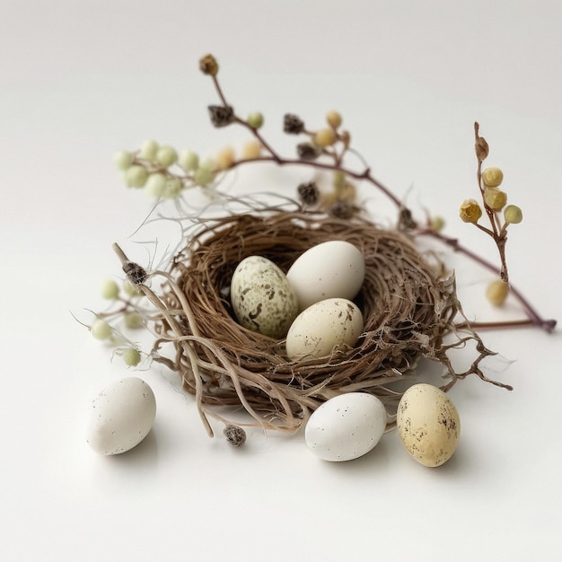 eieren in een nest paaseieren nest gedempte kleuren neutrale witte achtergrond gezellige minimalisme