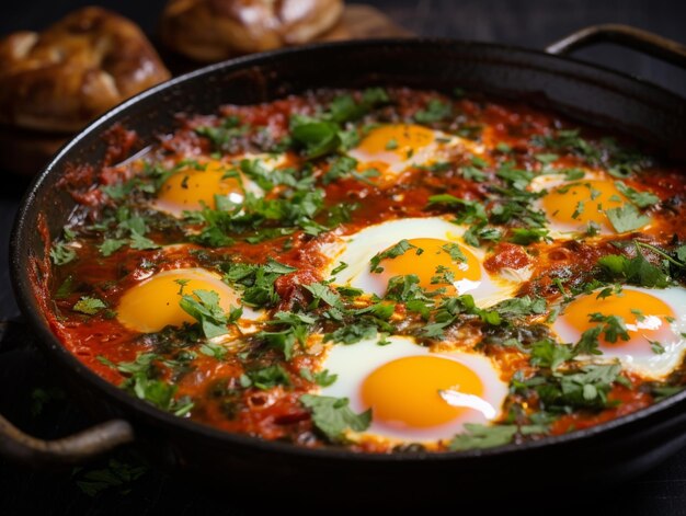 eieren in een pan met saus en kruiden op een tafel generatieve ai