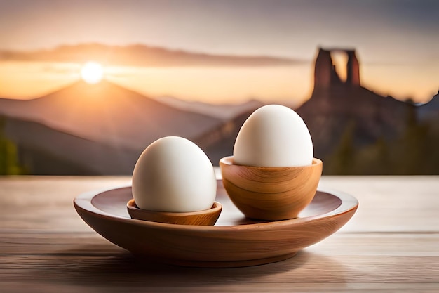 eieren op een bord met een zonsondergang op de achtergrond