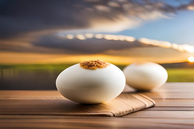 eieren op een houten tafel met een zonsondergang op de achtergrond