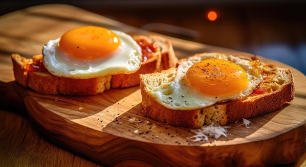 eieren op toast op een houten bord