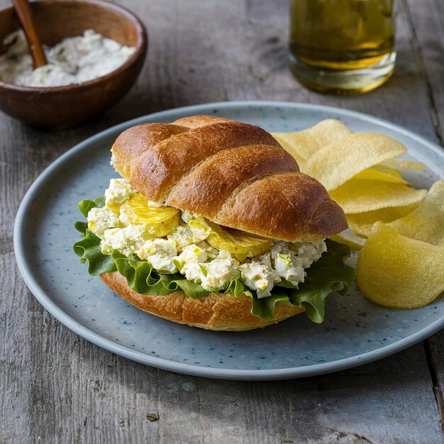 Eiersaladesandwich op croissant met sla en chips