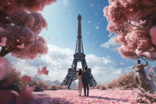 Eiffel's bloemenbedels Helenart te midden van kleine bloeiende bloemen AI GENERATIEF