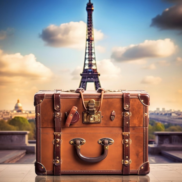 パリの旅行スーツケースとエッフェル塔の背景生成 AI