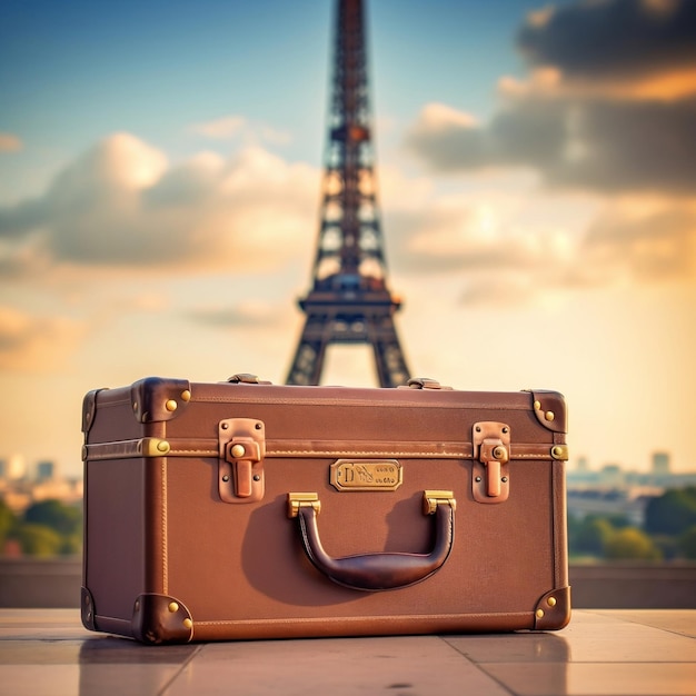 パリの旅行スーツケースとエッフェル塔の背景生成 AI