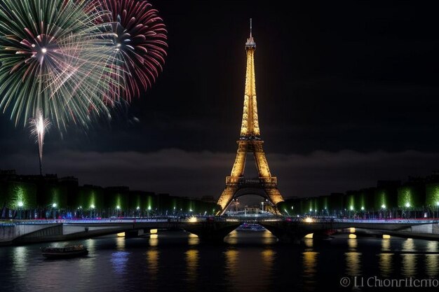 Foto i fuochi d'artificio della torre eiffel, il giorno della bastille, parigi.