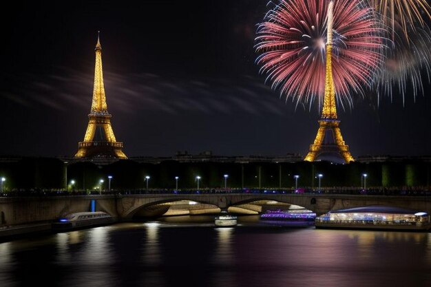 Foto i fuochi d'artificio della torre eiffel, il giorno della bastille, parigi.