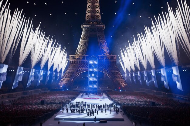 Фото Эйфелева башня освещена фейерверками
