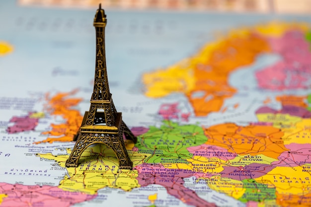 eiffel tower on map for concept  travel (maps with thai language)