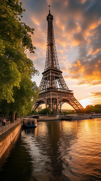 the eiffel tower near the river seine in paris france in the style of light orange and skyblue