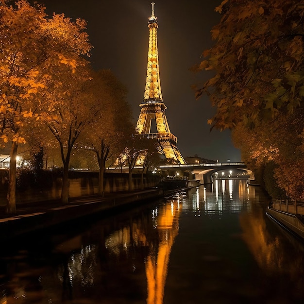 Eiffel tower at night with the lights on