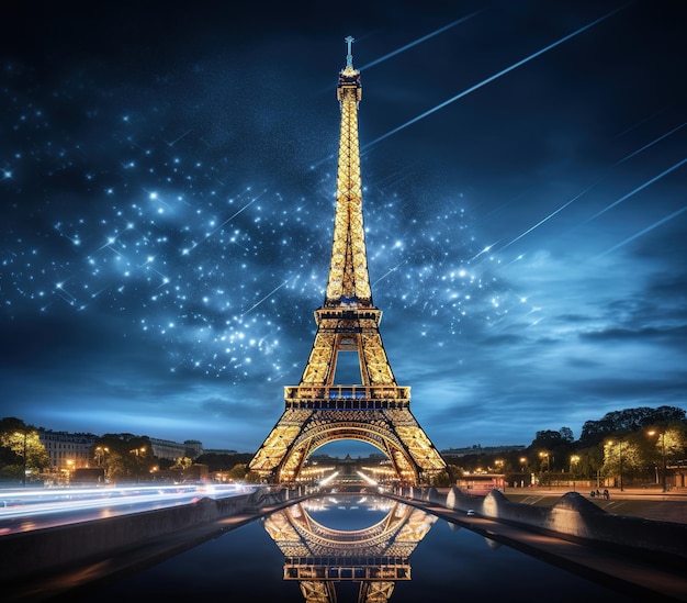 Eiffel Tower at night with a starry sky and reflection in the water