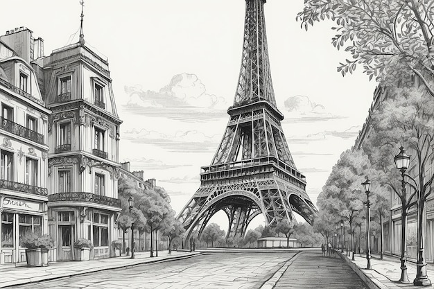 Eiffel Tower Paris France architecture vintage engraved illustration hand drawn