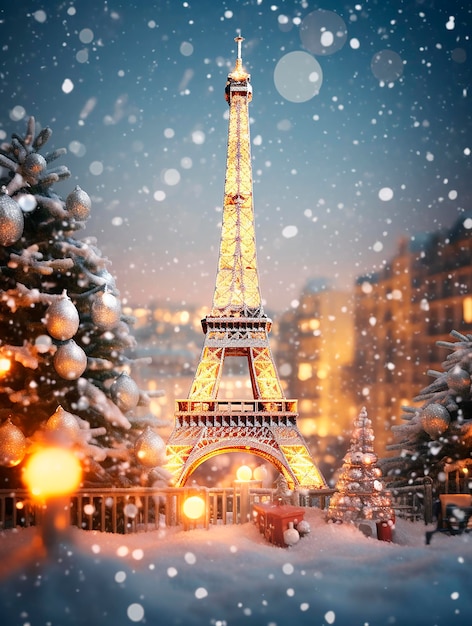Eiffel tower in Paris France covered with snow Christmas background
