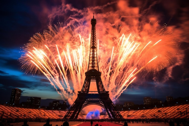 フランス・パリのエッフェル塔がお祝いの花火を背景にシルエット化