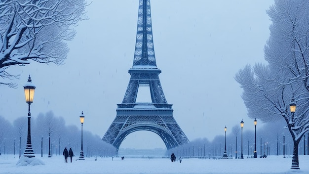 Eiffel Tower in Paris France during a snowfall