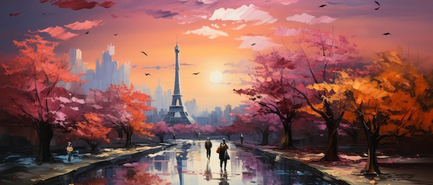 Photo eiffel tower in paris france at sunset digital oil color painting illustration