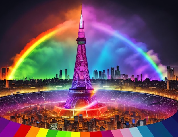 Eiffel Tower in Paris France with rainbow effect over the city