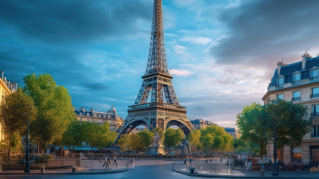 Eiffel tower in paris with a blue sky