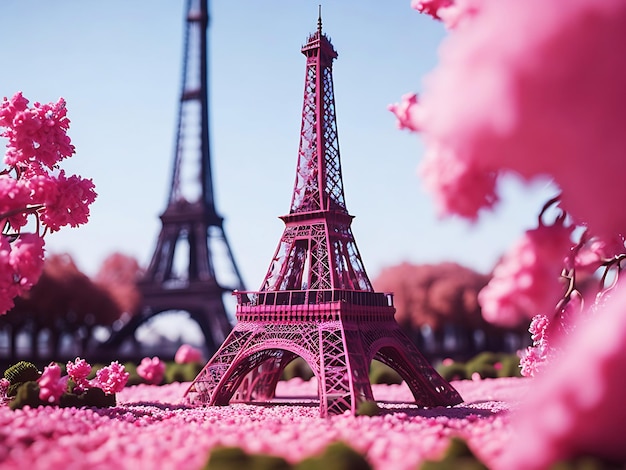 Эйфелева башня в Париже с облаками и цветами Generative Ai