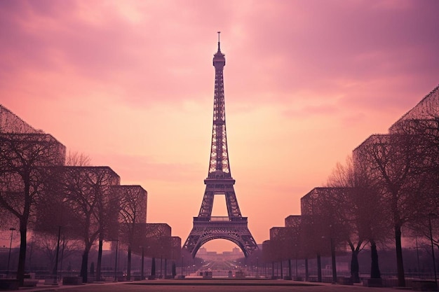 eiffel tower in the pink sky