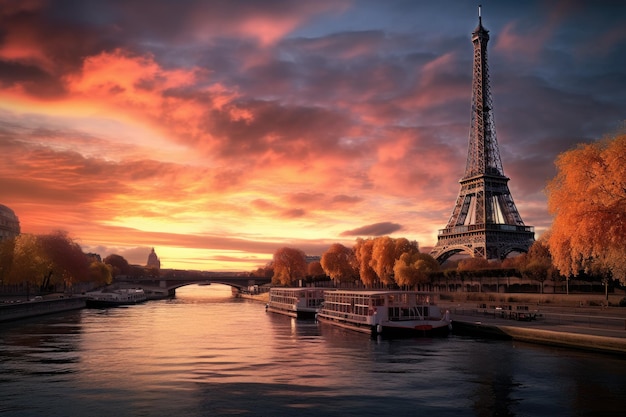 Eiffel Tower and River Seine at sunset Paris France The Eiffel Tower and the Seine river at sunset AI Generated