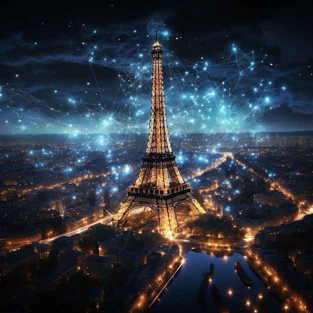 Технология сети данных Эйфелевой башни в Париже Франция глобальная связь сети данных изображение