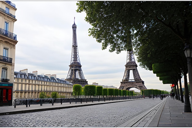 Eiffel Tower seen from the street in Paris France Cobblestone pavement