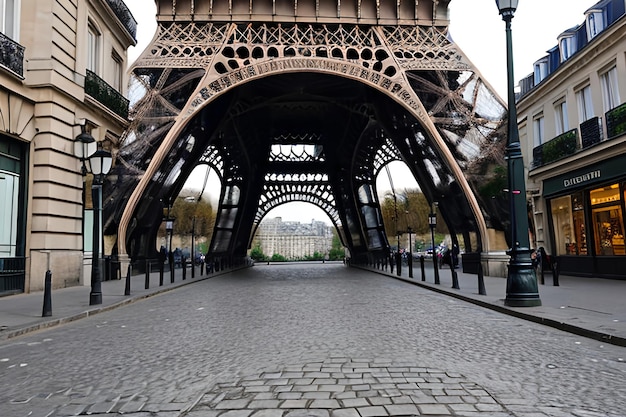 Eiffel Tower seen from the street in Paris France Cobblestone pavement