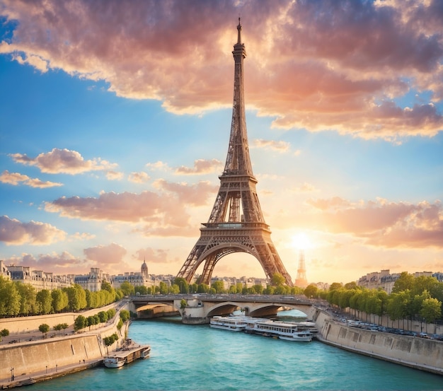 Photo eiffel tower and seine river at sunset paris france