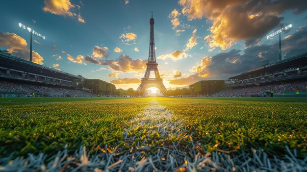 Photo eiffel tower and sports stadium in paris france landmark at sunset