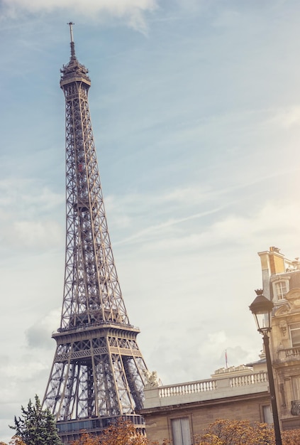 The Eiffel tower at sunrise in Paris France