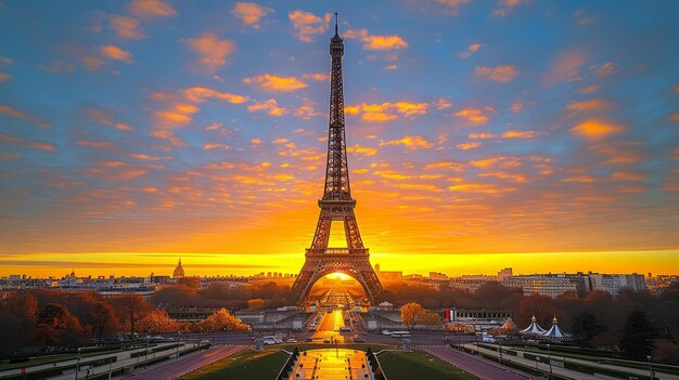 Eiffel Tower at sunset with a beautiful sky