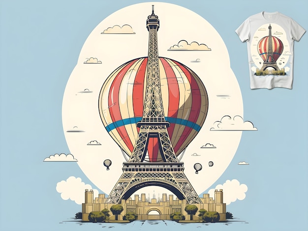 Eiffel Tower transformed into a hot air balloon tshirt design