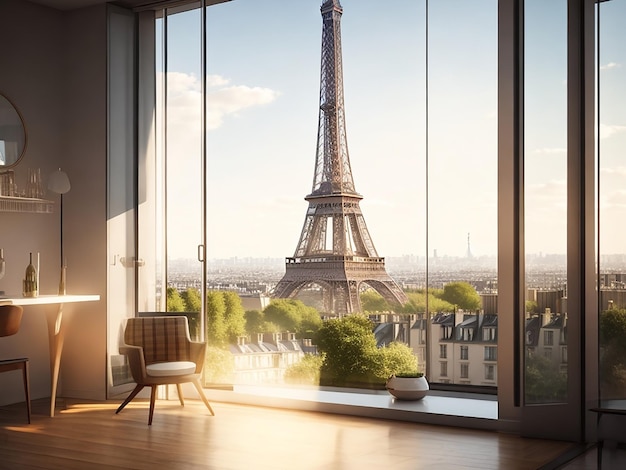 ジェネレーティブ AI で美しく作られたモダンなアパートメントからのエッフェル塔の眺め