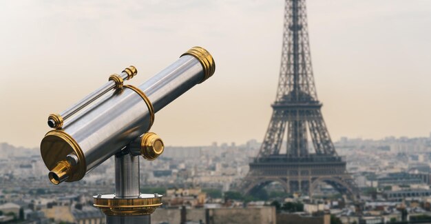 망원경, 파리와 일몰에 에펠 탑 보기. 프랑스