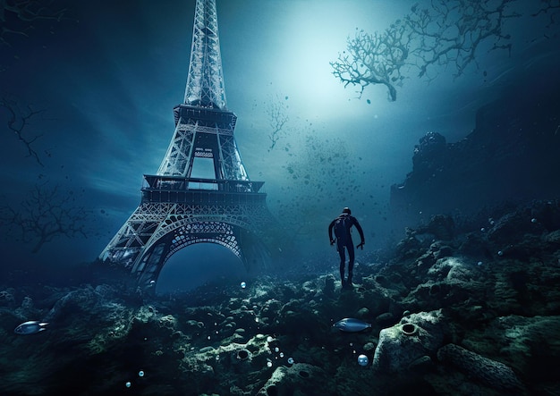 Eiffel Tower under water symbolic image for future sea level rise