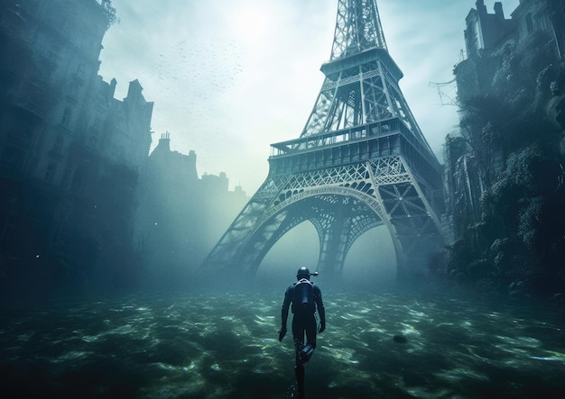 Foto torre eiffel sott'acqua immagine simbolica per il futuro innalzamento del livello del mare