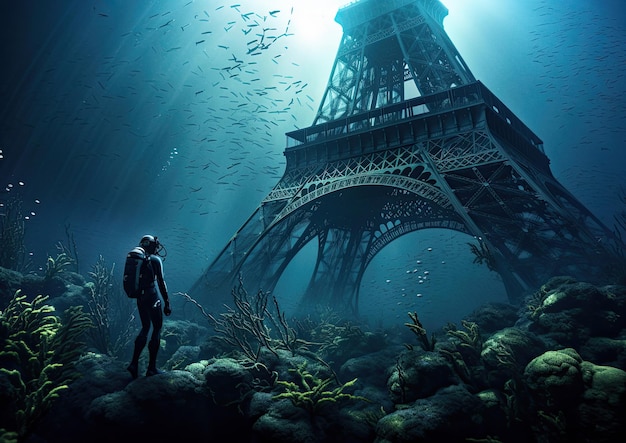 Eiffel Tower under water symbolic image for future sea level rise