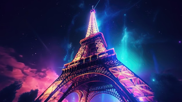 Photo eiffel tower with a glowing blue pink light at night neon effect eiffel tower illuminated in blue